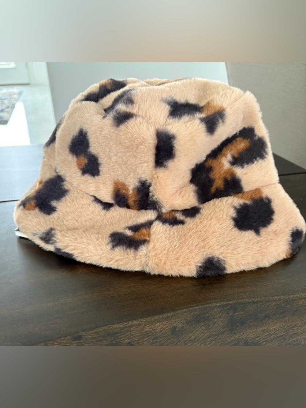 bp Faux Fur Leopard-Print Bucket Hat in Blush, Black and Brown